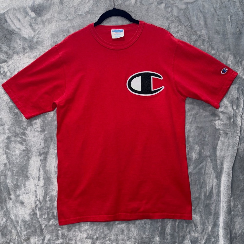 VTG Champion Shirt Mens M Red Big Logo Short Sleeve Crewneck Tee T-Shirt 90s Y2K